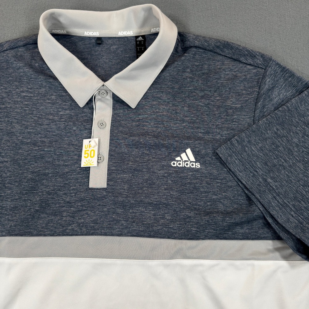 NWT Adidas Golf Mens XL Colorblock Polo Shirt Navy White UPF 50 Performance Top